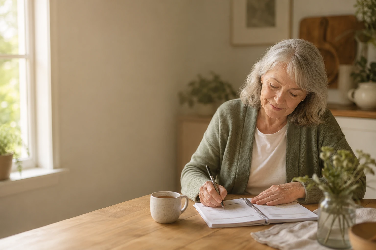 A woman filling in the when-I-die planner at a sunlit kitchen table