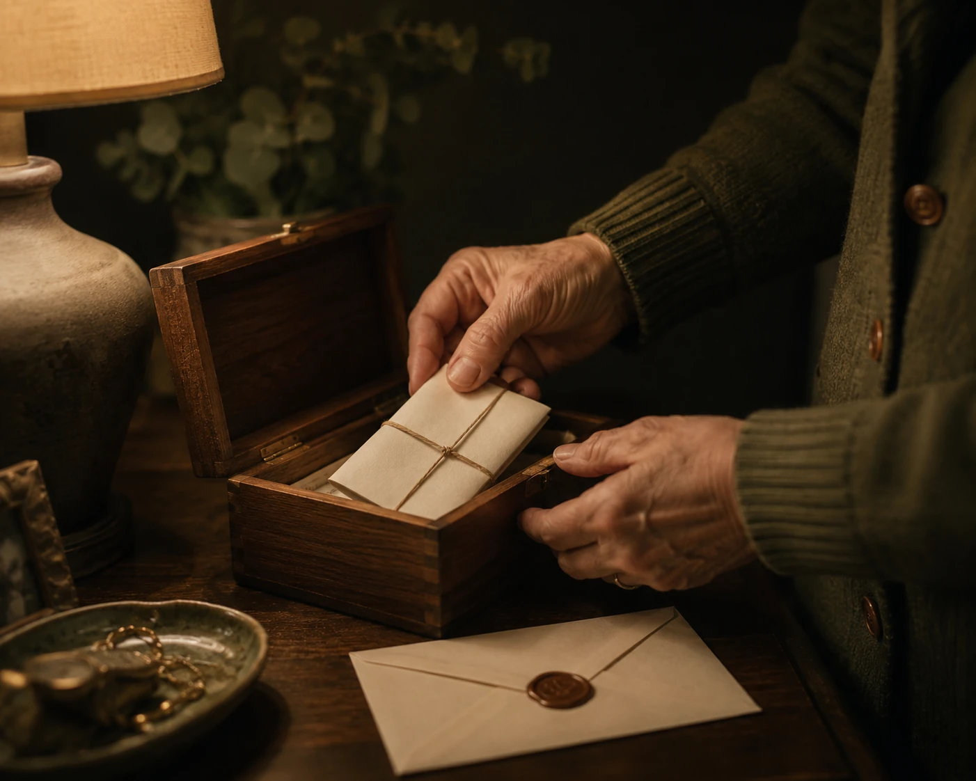 Hands placing a sealed envelope and tied documents into a small wooden keepsake box by lamplight